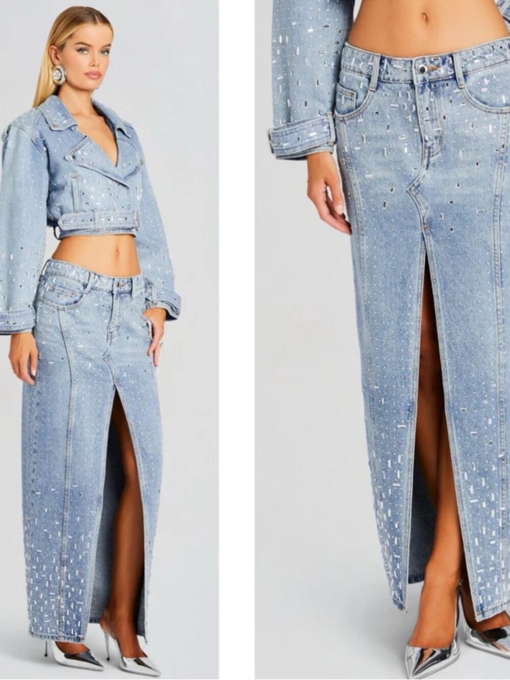 RETROFETE Palermo Sequin Embellished Denim Maxi Skirt Size 32